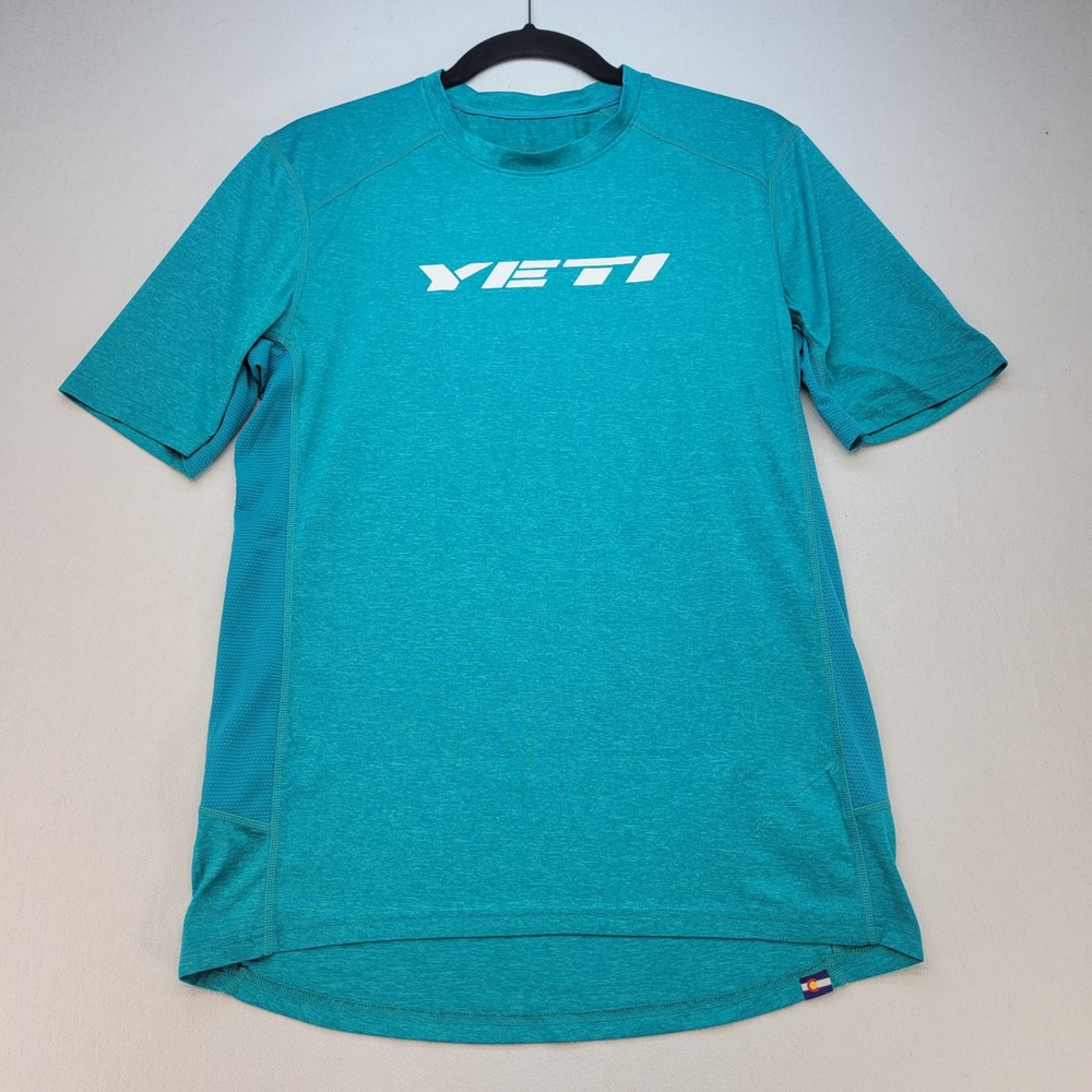 Yeti Cycles MTB Jersey Mens Small Teal Blue Short Sleeve Mesh Performance Shirt